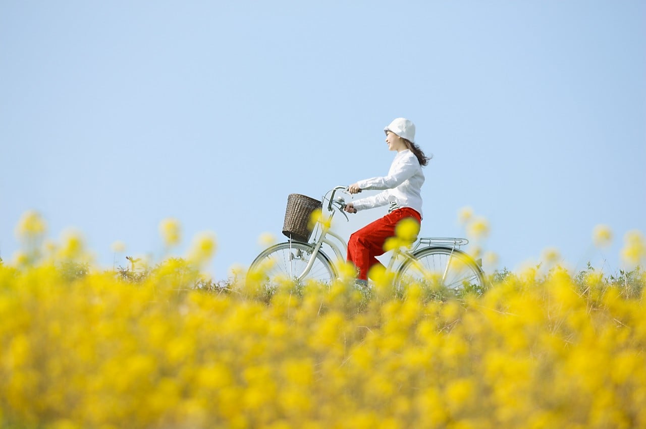 Une jeune femme fait une balade à vélo dans un champ en fleurs en été